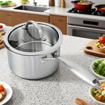 Stainless Steel Small Brushed Saucepan With Lid, Induction Cooking Sauce Pot Pans, 18/10 Tri-Ply Heavy Bottom Saucier Cookware, Dishwasher Safe & Oven Safe (1.5QT)