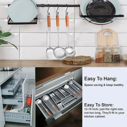 18/10 Stainless Steel Kitchen Utensils Set with Wooden Handle for Cooking 9 PCS with Solid and Slotted Spoon, Fork, Spatula, Ladle, Skimmer, Slotted Tunner, Spaghetti and Large Spoon