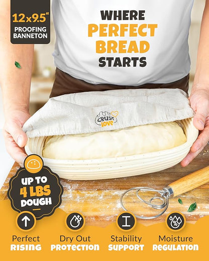 Cast Iron Bread-Pan with Lid - incl. Sourdough Bread Baking Supplies - like Banneton Bread-Proofing Basket - 7.2QT Bread-Oven Dutch, Oven for Bread-Baking Cast Iron Pan Scoring Tool Lame Kit