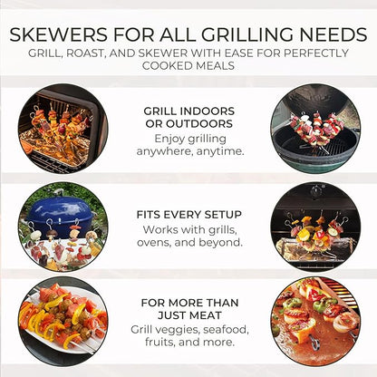 O-Yaki Flat Metal Kabob Skewer for Grilling – Set of 8 BBQ Skewers Stainless Steel with Storage Bag, Dishwasher Safe Skewers with Hook Handle & Sharp Tip for BBQ, Cookouts & Oven Use – 12 Inch