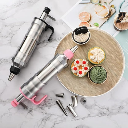 Uiifan 2 Sets Icing Decoration Gun Set Dessert Decorating Decorator Syringe Cake Decorating Tool and 12 Pcs Russian Piping Icing Nozzles Cupcake Filling Injector Cake Tool for Baking(Pink, Black)