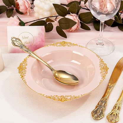 100PCS Pink Plastic Bowls - 12 oz Pink Gold Disposable Salad Bowls - Heavy Duty Disposable Soup Bowl - Fancy Plastic Ice Cream Bowl for Weddings Parties Dinners Picnics