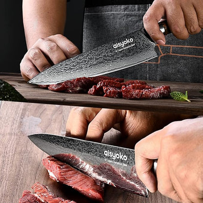 Damascus chef knife 8-inch sharp kitchen knife Japan VG-10 stainless steel ergonomic color wooden handle luxury gift box - with scabbard
