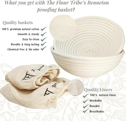 Banneton Bread Proofing Basket Set: Sourdough Starter Kit - 9 inch Round Rattan bowl, Scoring lame, dough scraper, bread bag, Sourdough Bread Baking Supplies Tools - Baking gift set
