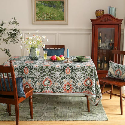 ISAENNE Designer Bohemian Linen Green Rectangular Tablecloth,Floral Indoor Table Cloth,Stain Resistant Decor Tablecloths for Dining Thanksgiving Kitchen Party Christmas,55"*87"-Naples