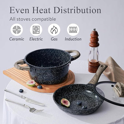 Ceramic Cookware Set 22 Piece Nonstick Pots and Pans Set Non Stick Kitchen Cooking Sets 8"Frying Pans with Lid,Black Granite Non-Toxic Induction Kitchen Cookware w/Glass Lids PFOS/PFOA-Free