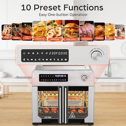 OSTBA French Door Air Fryer Toaster Oven Combo, Airfryer Convection Oven Countertop 10-in-1 Combo, 30% Faster 90% Less Oil, 102 Recipes & 7 Accessories Included 24 QT Stainless Steel