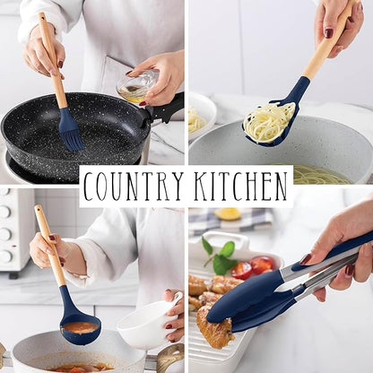 Country Kitchen Non Stick Silicone Utensil Set with Rounded Wood Handles for Cooking and Baking, 14 Piece Set, Navy