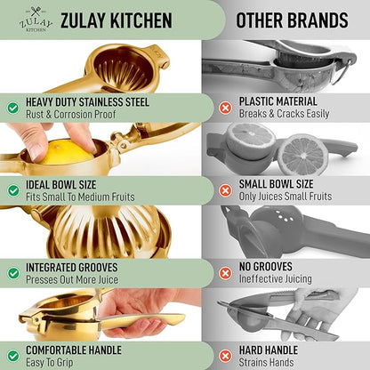 Zulay Kitchen Extra Large Lemon Squeezer Stainless Steel - Easy Squeeze Heavy Duty Lemon Juicer Hand Press - Ergonomic Citrus Squeezer & Fruit Juicer for Small Oranges, Lemons, & Limes - Gold