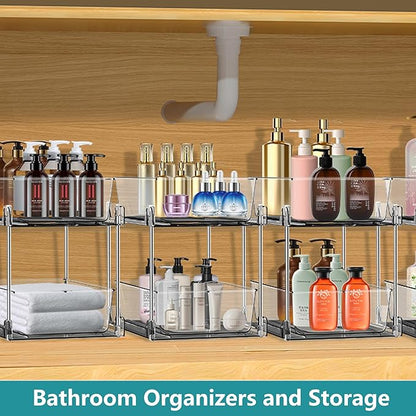 2 Pack Clear Under Sink Organizers, Pull Out Cabinet Organizer,2 Tier Bathroom Storage Organizer,Cabinet Drawers Organization Bins with Track for Kitchen,Pantry,Fridge,Vanity