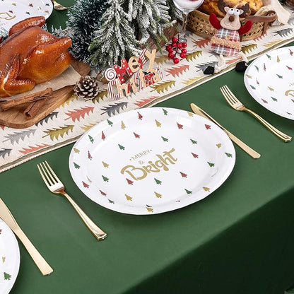 WDF 100 Pack Christmas Paper Plates - 10" x 12"Disposable Christmas Plates Disposable with Christmas Trees-Large Oval Paper Plates Heavy Duty- Party Plates for Christmas