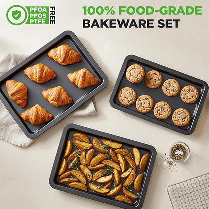 NutriChef 3-Piece Non-Stick Cookie Sheets for Baking - Heavy Duty Steel Baking Sheet Pans for Toasters & Oven - Small, Medium, & Large Size Baking Trays - PFOS, PFOA, PTFE-Free Nonstick Coating