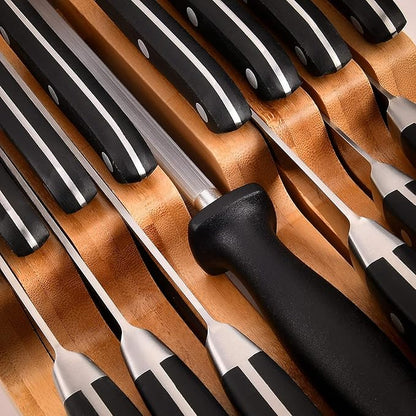 Homemaid Living In Drawer Knife Block Bamboo, Holds 16 Knives + Knife Sharpener Slot, Knife Organizer for Kitchen Drawer, Knife Drawer Organizer, Drawer Insert, Drawer Knife Holder (2" tall, 17" deep)