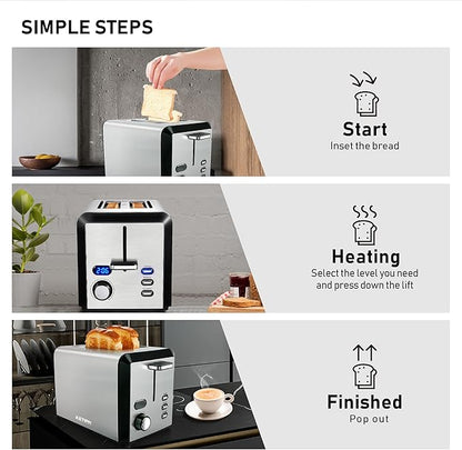 Toaster 2 Slice, Wide Slot Stainless Steel Toaster with 6 Browning Levels, Reheat & Defrost, for Bagel, Toast, Bread, Kitchen Essentials, Removable Crumb Tray (sliver)