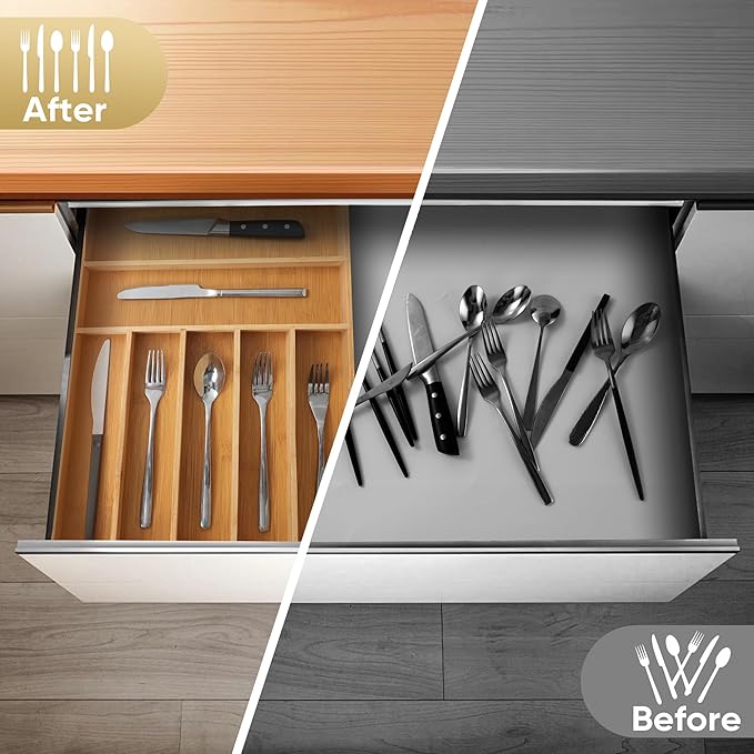 Silverware Organizer, 12.5 Inch Utensil Organizer Kitchen Drawer Organizer Bamboo Silverware Holder Cutlery Tray Organizer in Drawer Flatware Organizer Tray(7 slots, Natural）