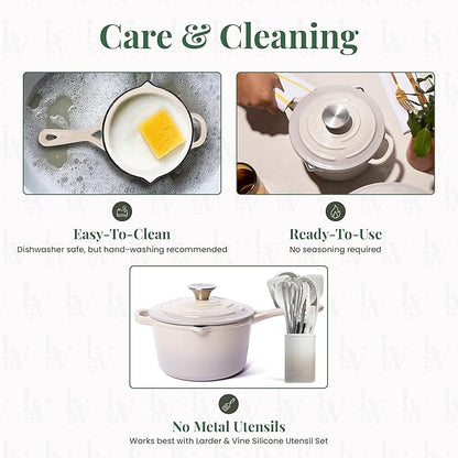 Larder & Vine Enameled Cast Iron Saucepan | 2.2 qt Sauce Pan with Lid | Saucepan with Pour Spouts | Enameled Cast Iron Pot Compatible on All Cooktops & Oven Safe to 500° F | Stone