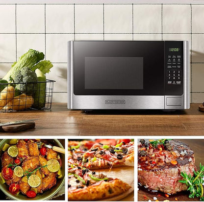 BLACK+DECKER Digital Microwave Oven with Turntable Push-Button Door, Child Safety Lock, Stainless Steel, 0.9 Cu Ft