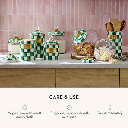 MACKENZIE-CHILDS Large Kitchen Canister, Decorative Glass Storage Jar with Lid, Green-and-White Emerald Check