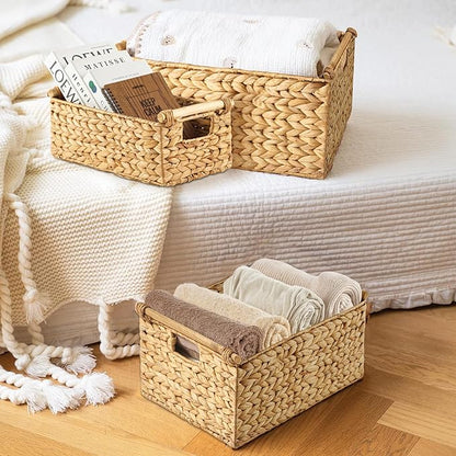Greenatural Water Hyacinth Storage Baskets Set of 3, Handwoven Rectangular Organizer with Wooden Handles, 3 Different Sizes, Nested Wicker Bins for Shelf, Bathroom, Kitchen, Office, Natural Home Decor