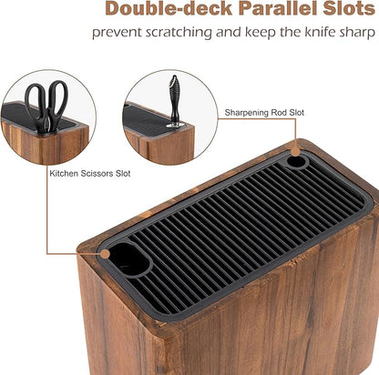 RedCall Acacia Wood Knife Holder Block,Large Universal Knife Block without knives,Wooden Kitchen Knife Block for Countertop,Knife Holder Organizer with Slots for Scissors and Sharpening Rods Storage