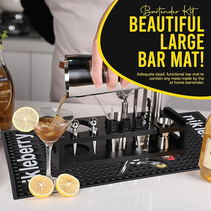 Premium 20 Piece Cocktail Shaker Set with Weighted Boston Shaker and Stand | Bartender Kit with Large Spill Catching Bar Mat - Recipe Book - Velvet Bag - Rustproof | Perfect for Mixology