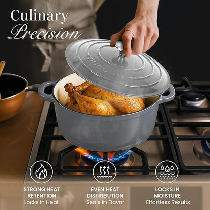 Nuovva Enamelled Cast Iron Dutch Oven Pot with Lid – 6.4 Quart Non Stick Casserole Pot – Heavy Duty & Oven Safe up to 500° F for Bread Baking, Braising, Stews, Roasting – 28cm Grey