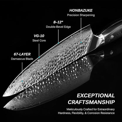 KYOKU Chef Knife - 8"- Shogun Series Japanese VG10 Steel Core Hammered Damascus Blade Kitchen Knife - with Sheath & Case