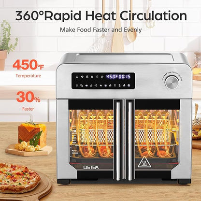 OSTBA French Door Air Fryer Toaster Oven Combo, Airfryer Convection Oven Countertop 10-in-1 Combo, 30% Faster 90% Less Oil, 102 Recipes & 7 Accessories Included 24 QT Stainless Steel