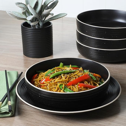 Gibson Home Dinah 16-Piece Matte Black Stoneware Dinnerware Set – Double Bowl, Embossed Speckled Design, Durable Kitchen Dinner Set