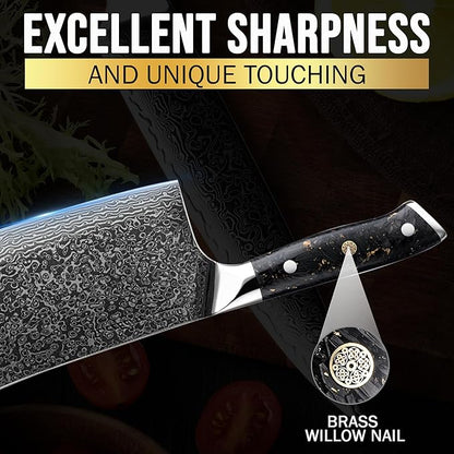 SliceElite Elite Series 7-Inch Damascus Bone Cutting Knife – VG10 Steel Blade with Forged Carbon Fiber Handle Infused with Gold Leaf, Sheaths Option (Bone Cutting Knife with Leather Sheath)