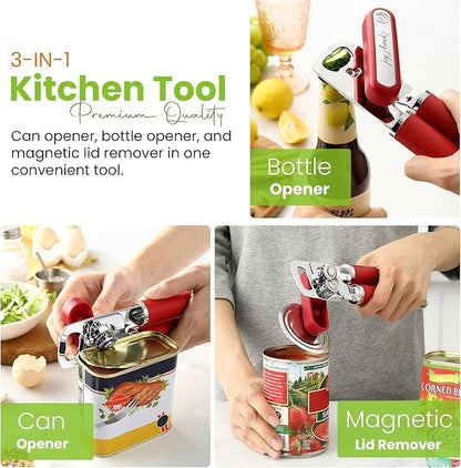 Spring Chef Stainless Steel Can Opener - Manual with Soft Grip Handles, Easy Turn, Heavy Duty Hand Can Opener for Seniors with Smooth Edge - Red