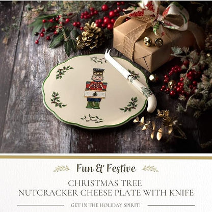 Spode Christmas Tree Nutcracker Cheese Platter with Knife - 9" Porcelain Holiday Serving Tray for Charcuterie - Dishwasher & Microwave Safe - Classic Christmas Tableware for Serving Festive Dishes