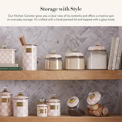 MACKENZIE-CHILDS Rosy Check Kitchen Canister, Decorative Pink-and-White Glass Storage Jar with Lid, Large