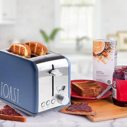 Rae Dunn Toaster, Stainless Steel 2 Slice Square Toaster, Wide Slot with 5 Browning Levels, with Bagel, Defrost and Cancel Options (Navy)