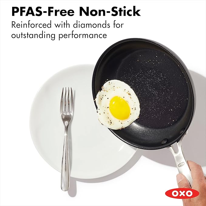 OXO Enhanced, 8" 10" and 12" 3 Piece Frying Pan Skillet Set, Healthy Ceramic Nonstick, PFAS-Free, Stainless Steel Handle, Dishwasher Safe, Oven Safe, Black