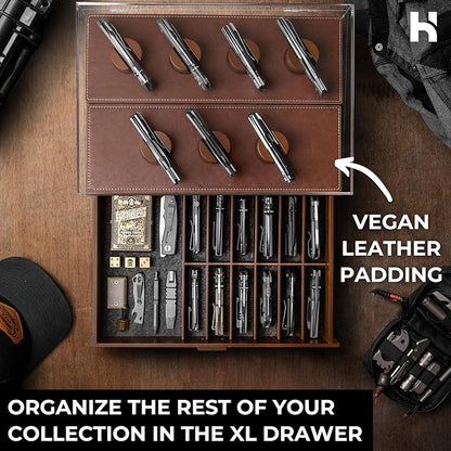 Premium Pocket Knife Display Case for 30 Knives - Large Wooden Knife Organizer, Storage & Holder with Unique Pillars, Hinged Cover, Drawer - Knife Collection Box - Handcrafted for Men