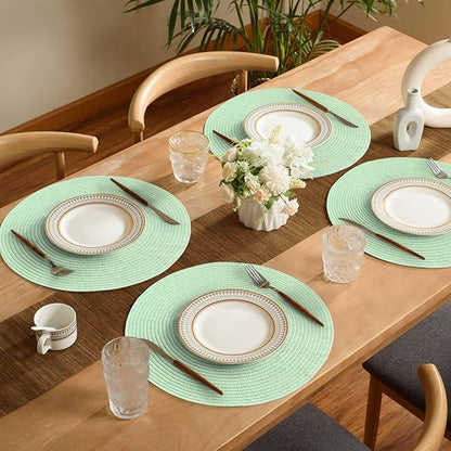 FunWheat Round Braided Placemats Set of 6 Place mats for Dining Tables Woven Heat Resistant Table Mats 15 inch (Mint Green)