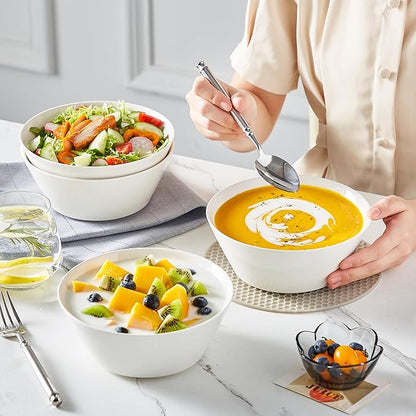 MALACASA 35 OZ Soup Bowls, White Porcelain Bowls Set of 4, Deep Bowls for Kitchen, Large Ceramic Bowls for Soup, Cereal, Salad, Ramen and Fruit, Dishwasher & Microwave Safe, Series Regular