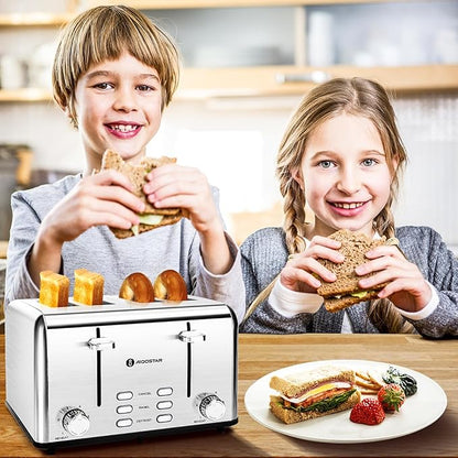 Aigostar Toaster 4 Slice 1.6" Wide Slot Stainless Steel Toasters with Bagel, Reheat, Cancel, Defrost Function, 6 Shade Settings, Removable Crumb Tray, 1550W, Best Rated Prime 4 Slice Toasters