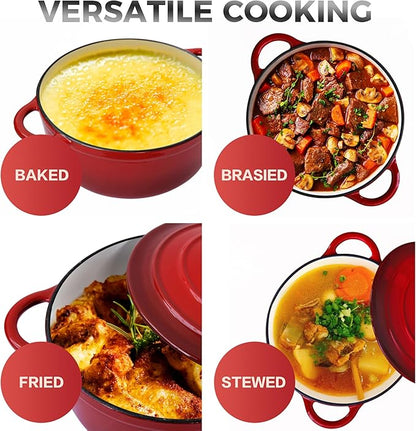 Trustmade 3 QT Cast Iron Dutch Oven, Enamel Coated Cookware Pot with Self Basting Lid for Home Baking, Braiser, Cooking, Red