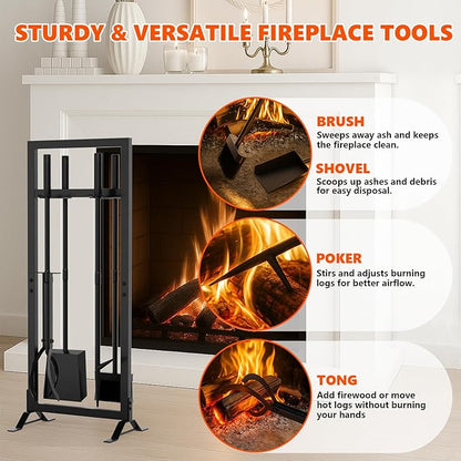 6 Pcs Fireplace Tools Set with Log Carrier, HXJLJY 34" Fireplace Accessories Sturdy Fire Tool Set Holder with Fire Poker Brush Shovel Tong Stand for Indoor Fireplace Outdoor Fire Pit Wood Stove,Square