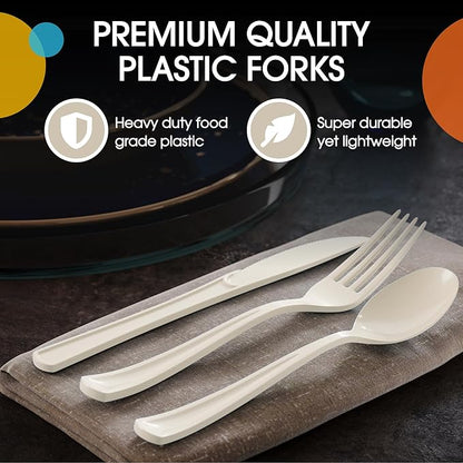 Party Solids Ivory Plastic Silverware Heavy Duty 150 Pieces Ivory Plastic Cutlery Sets, Utensil Sets, 50 Of Each Forks, Knives & Spoons Disposable Cutlery Set, Flatware Set For Party Supplies