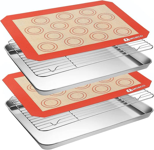 MCIRCO 6 Piece Stainless Steel Baking Sheet with Rack with Silicone Baking Mat Set (2 Pans + 2 Racks + 2 Mats), 12.4 x 9.6 x 1 Inch Cookie Sheet with Cooling Rack, Easy Clean
