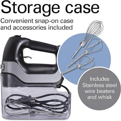 Hamilton Beach Professional 5-Speed Electric Hand Mixer with High-Performance DC Motor, Slow Start, Snap-On Storage Case, Stainless Steel Beaters & Whisk, Black (62651)