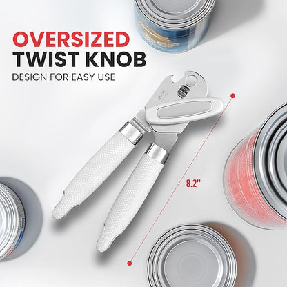 Zulay Kitchen Heavy Duty Stainless Steel Can Opener Manual with Large Bottle Opener - Manual Can Opener with Turn Knob with Soft Grip Handles - White