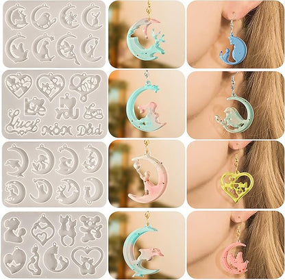 4 Pack Pendant Earring Molds - Animal & Moon Shapes, Silicone & Resin Casting Molds for Candle Making & Home Decor