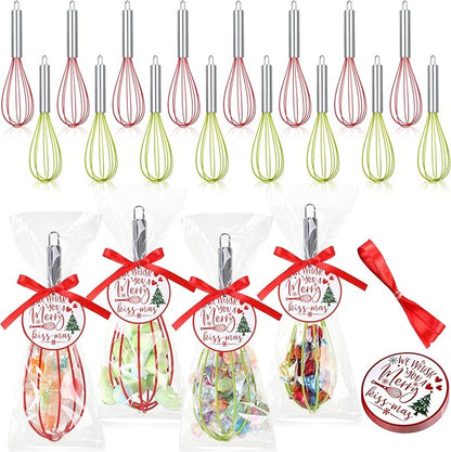 16 Sets 8 Inch Christmas Whisks Gifts DIY Fillable Christmas Tree Ornaments Xmas Colored Silicone Whisks for Cooking Heat Resistant Egg Beaters with Card Rope Bag for Candy Holder