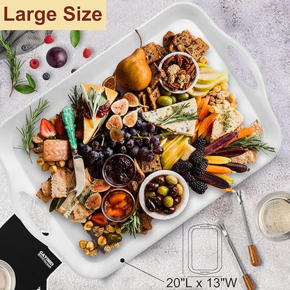 Extra Large 20" x 13" Serving Platters for Turkey, Cookie, Cupcakes, Gift Ready Melamine Serving Tray with Handles for Party Entertaining, Raised Dots & Matt Finish, Set of 2, White