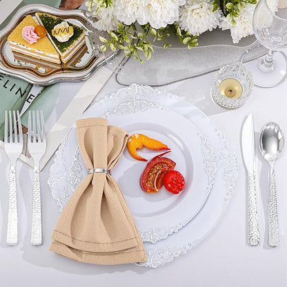 300Pieces Silver Plastic Silverware - Hammered Disposable Utensils - Heavy Duty Plastic Cutlery Set Includes 100 Forks, 100 Spoons, 100 Knives for Dinner Parties Weddings