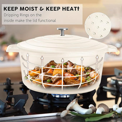 Large Dutch Oven Pot with Lid-7.5QT Cast Aluminum Oven Pot with Two Handles Lightweight for Bread Baking Braising and Roasting(Beige)